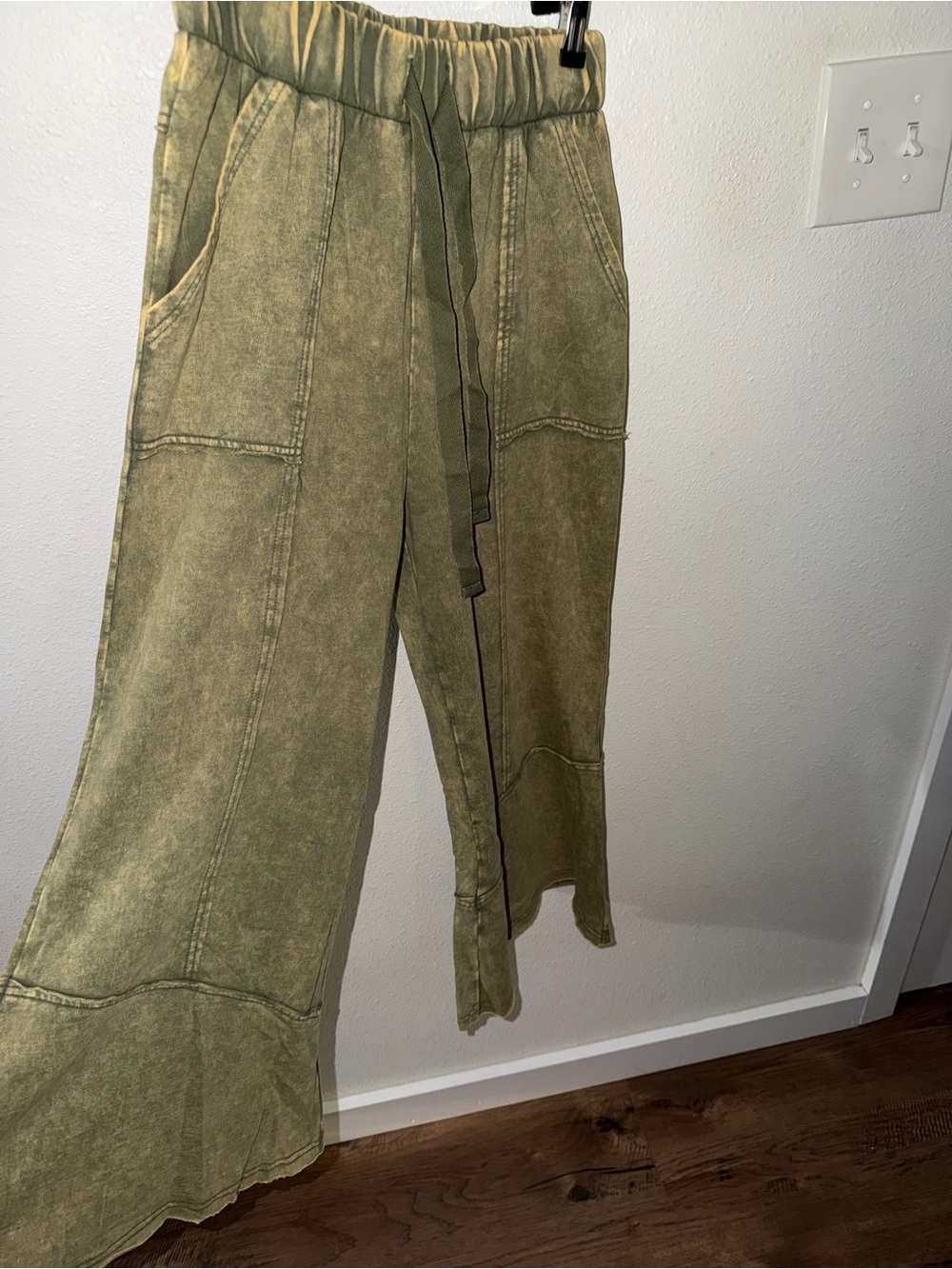 Zenana Outfitters French Terry Olive Wash Flare Drawstring Pants NWOT - Picture 3 of 10